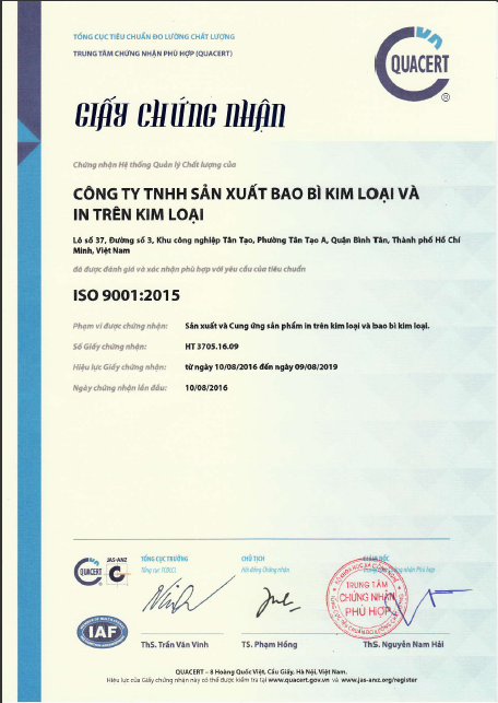 ISO 9001:2015 - Bao Bì Kim Loại MPPL - Công Ty Trách Nhiệm Hữu Hạn Sản Xuất Bao Bì Kim Loại Và In Trên Kim Loại (MPPL)